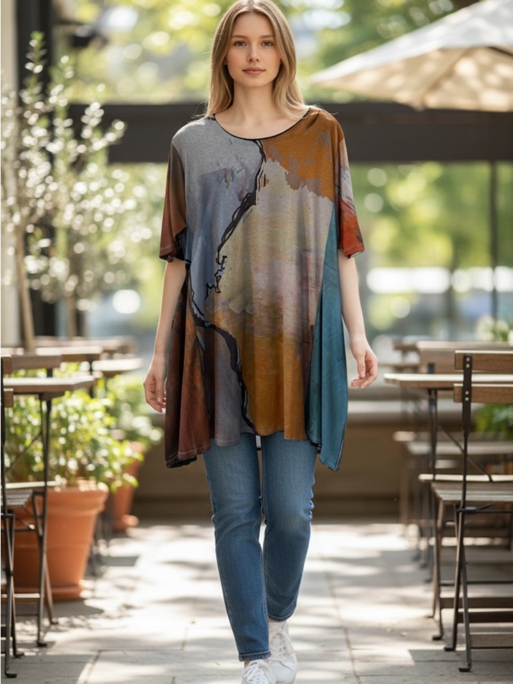 Cats Meow Short Sleeve Artistic Print Shirt in Brown and Blue.
Has pockets - Picture 4 of 4